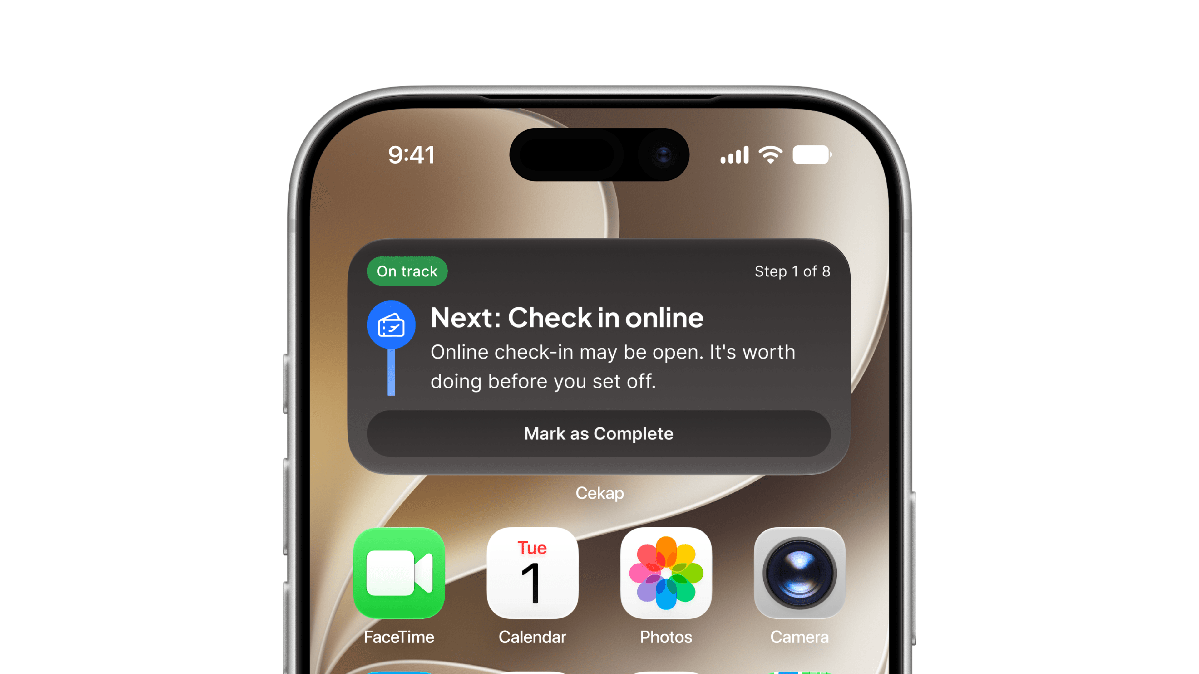 A phone lock screen showing a CEKAP live activity: on track, step 1 of 8, next check in online, with a Mark as Complete button.