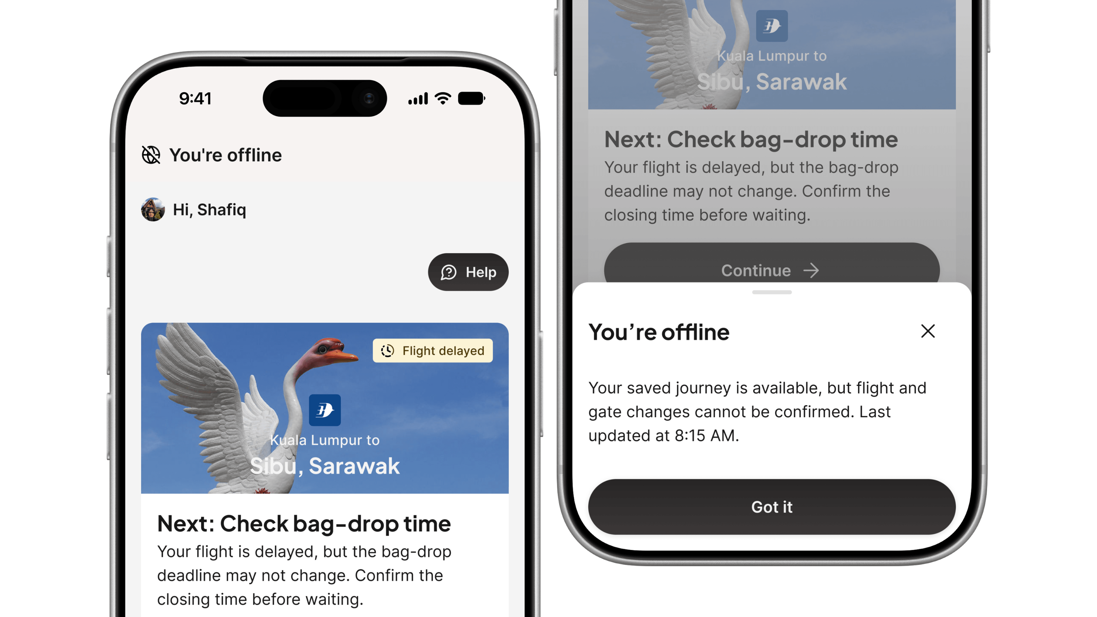 Two CEKAP screens while offline. One flags a delayed flight under a You're offline banner. The other explains the saved journey is available but flight and gate changes cannot be confirmed, last updated at 8:15 AM.