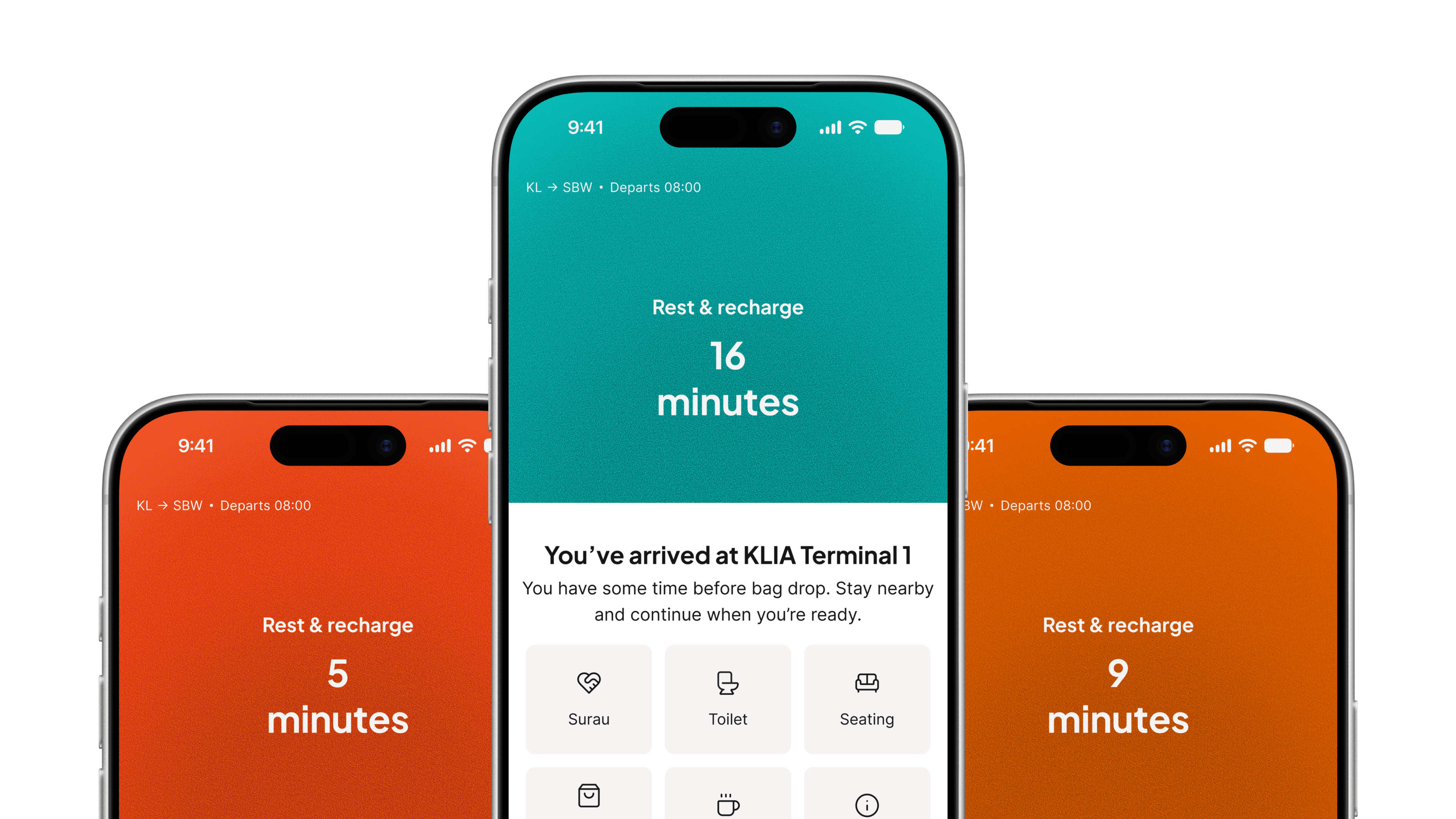 Three Rest Window screens counting 5, 16 and 9 minutes. The centre one confirms arrival at KLIA Terminal 1 and lists nearby surau, toilets and seating.