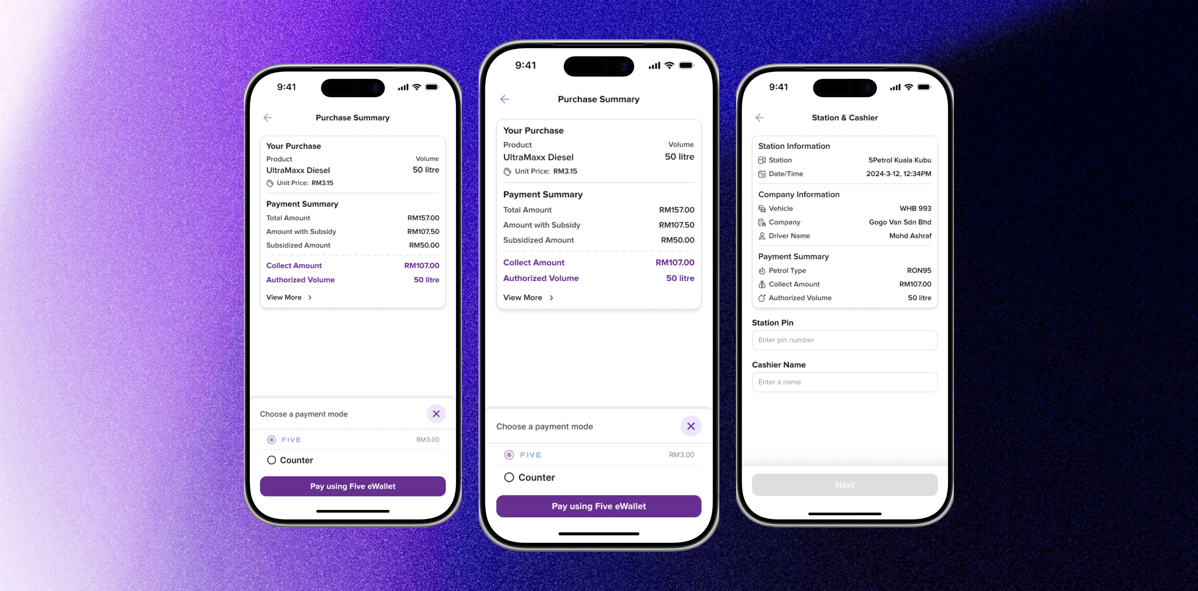 Phone screens for the payment summary, cashier authorisation at the counter, and the digital invoice.