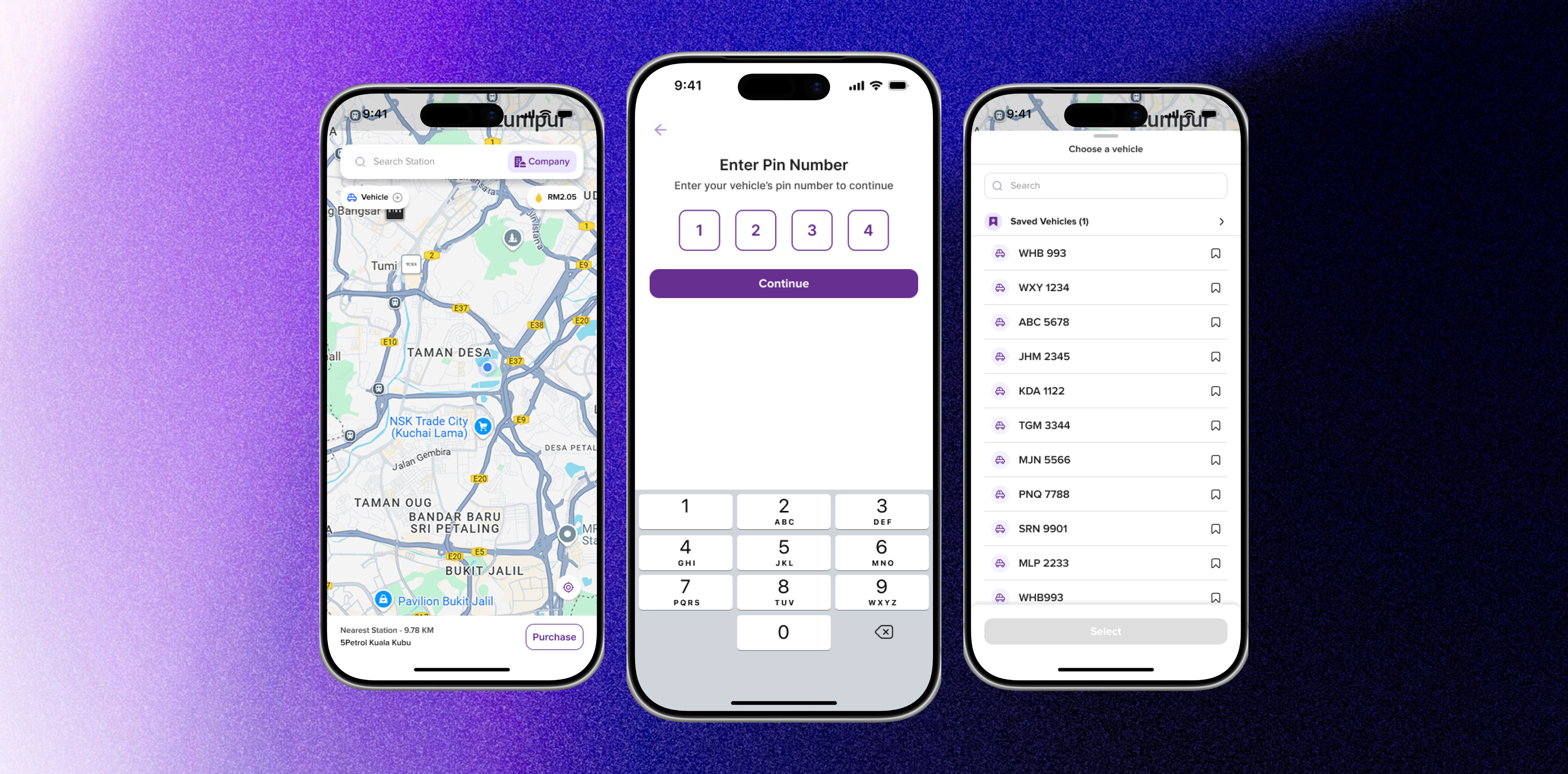 Phone screens for choosing a registered vehicle from a list and entering its PIN.
