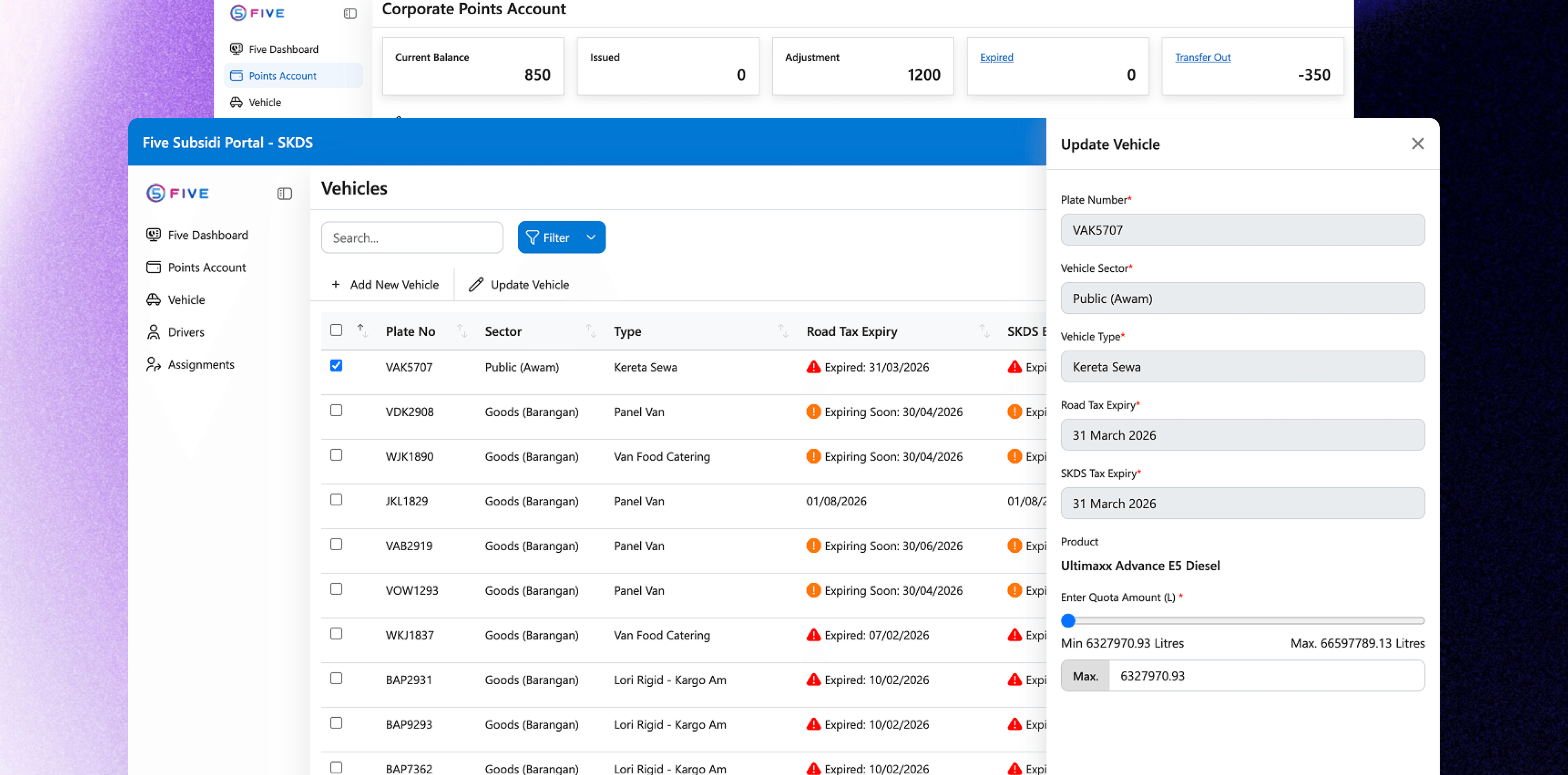 The vehicle register in the fleet portal, with a vehicle record open to edit its details and quota.