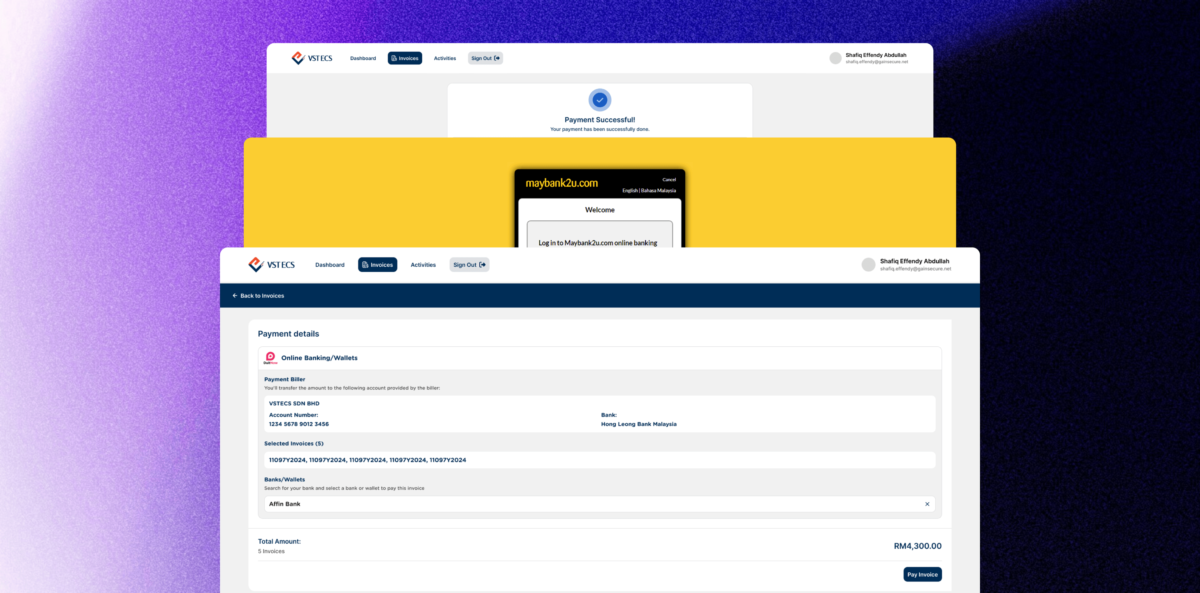 Invoice payment screens, from selecting invoices in the portal to the FPX redirect that handles the payment.