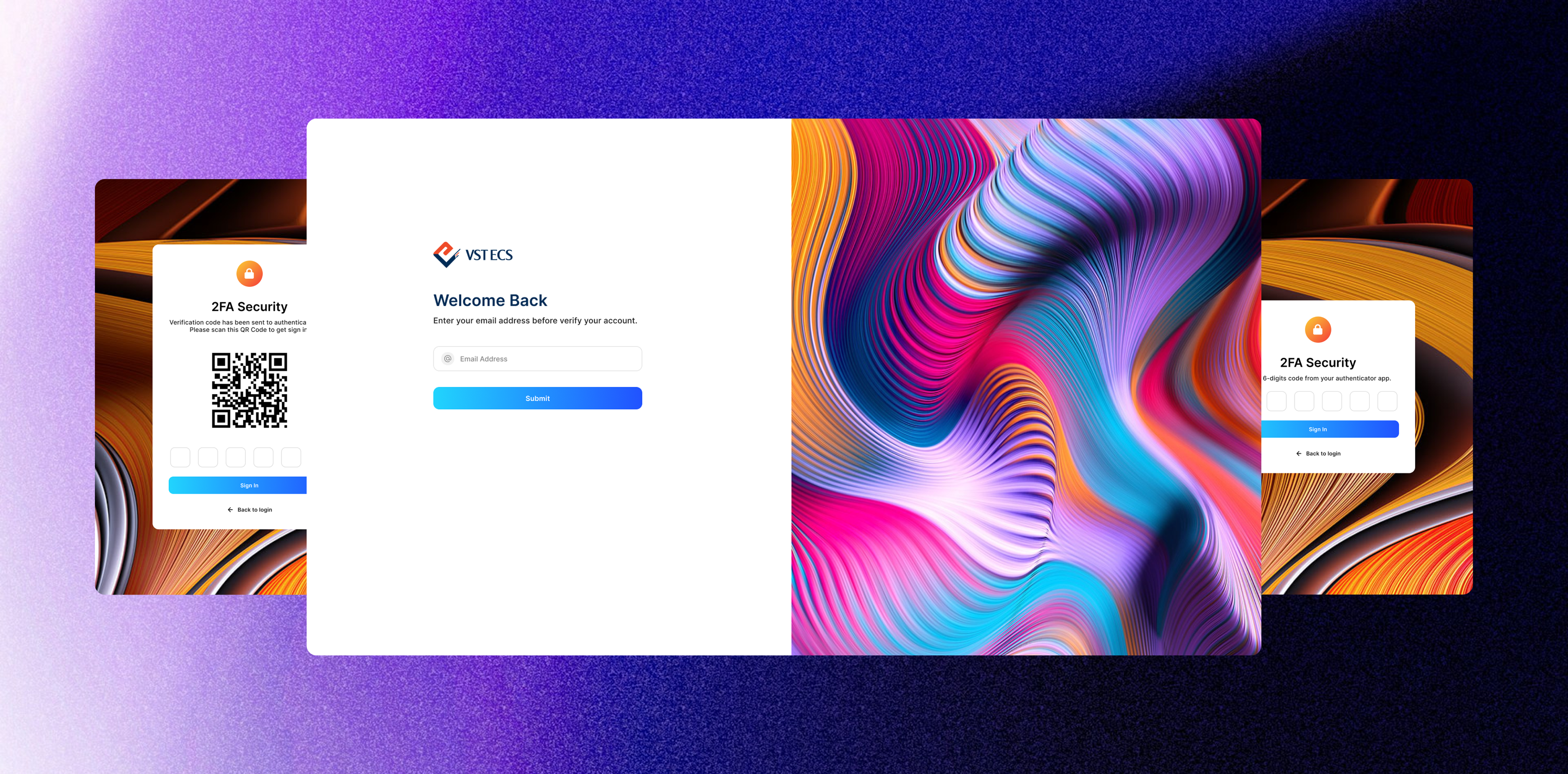 Sign-in screens: an authenticator QR code for setup, the email sign-in form, and the one-time code prompt.