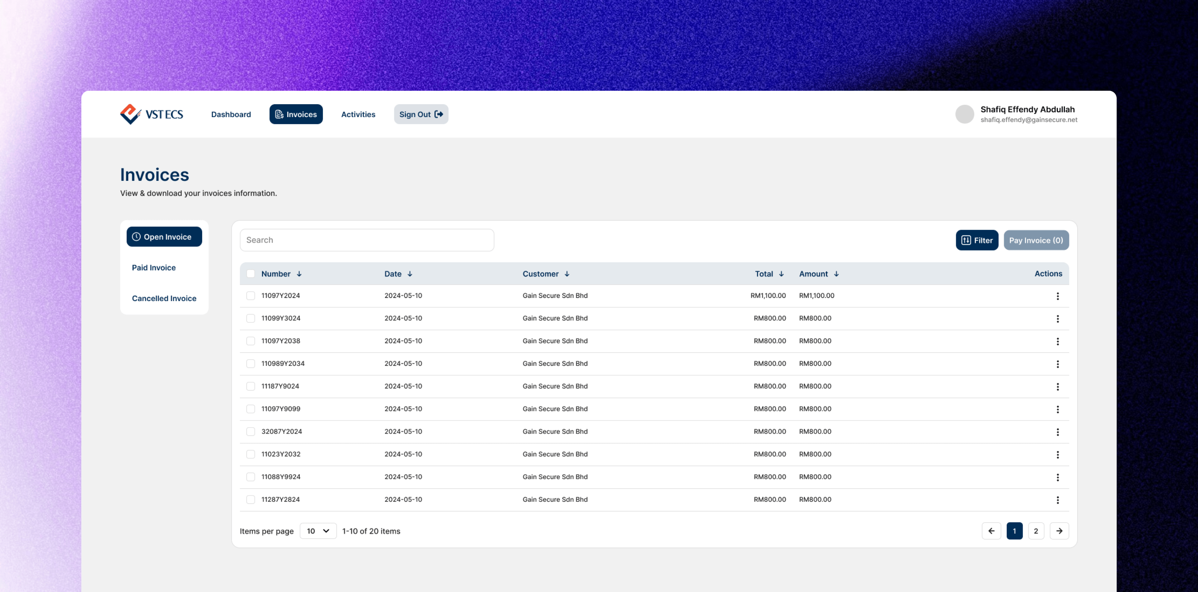 Invoices table with sorting, filtering and paging controls, the view shared with the Activity page.